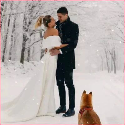 Couple in Elegant Satin Off Shoulder Bridal Gown with dog in snowy setting