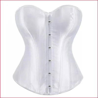 White Lustre Satin Overbust Corset with front hook-and-eye closures for Gothic style