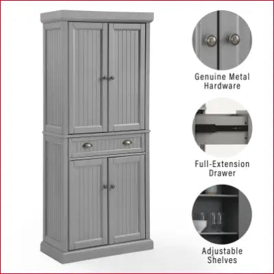 Gray pantry cabinet with drawers and adjustable shelves in Distressed Gray and Gold