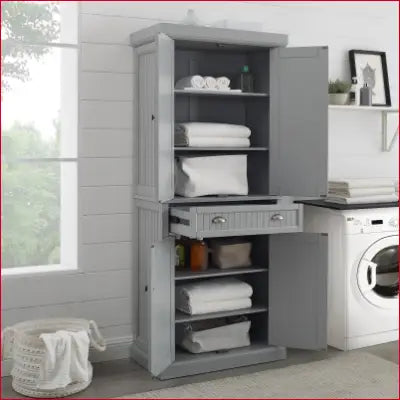 Gray linen cabinet with open doors and pull-out drawer in Distressed Gray Seaside Coastal Wood