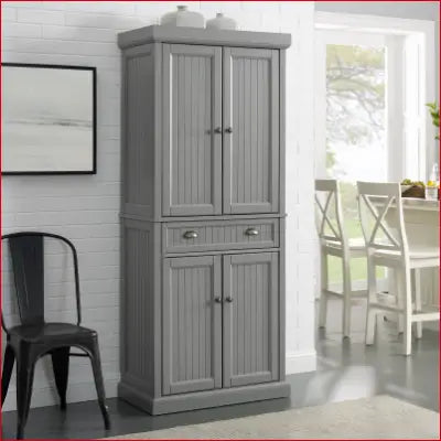 Gray Wooden Pantry Cabinet in Seaside Coastal Wood and Metal, Distressed Gray Finish