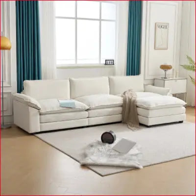 White Sectional Sofa L Shaped with Chaise Living Room features double layer cushions