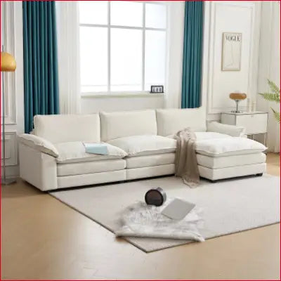 White Sectional Sofa L Shaped Couch with Chaise Living Room and Double Layer Cushions