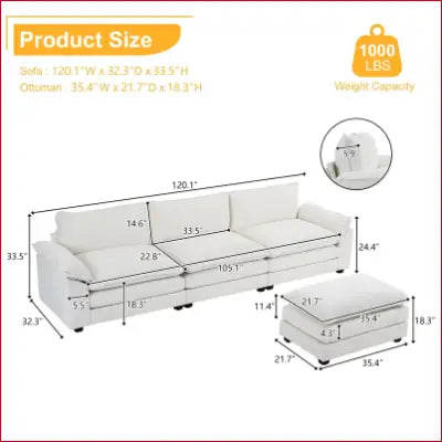 White modular sofa L shaped with ottoman, double layer cushions, and dimensions displayed