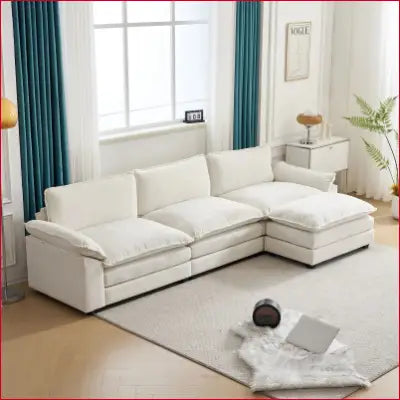 White sectional sofa L shaped with chaise, featuring double layer cushions for living room