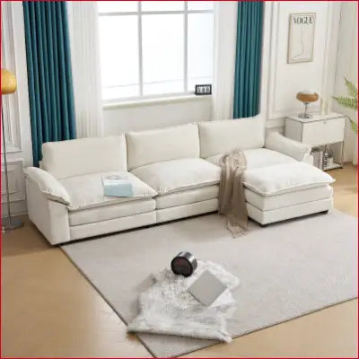 White Sectional Sofa L Shaped Couch with Chaise Living Room and Double Layer Cushions