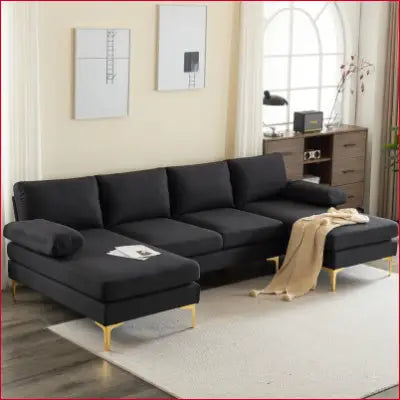 Black velvet sectional sofa in U-shape convertible couch set with soft linen fabric