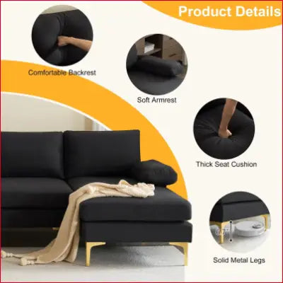 Black sectional sofa with gold legs from a convertible couch set in soft linen fabric