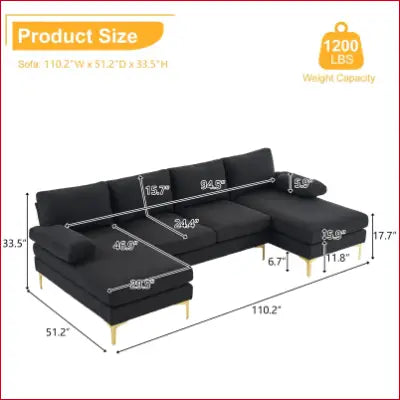 Black U-shaped sectional sofa in soft linen fabric, ideal convertible couch set for living rooms