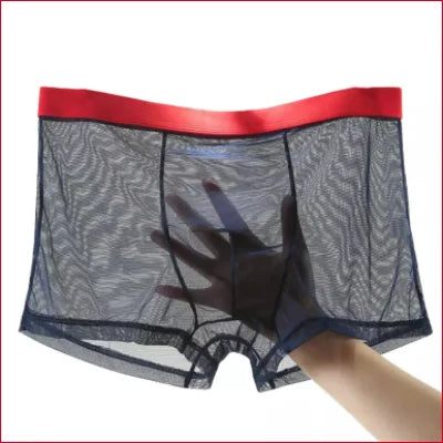 Sheer mesh men’s boxer shorts lingerie with red waistband and hand shadow detail