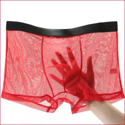 Red sheer mesh boxer shorts lingerie with a black waistband and hand pressing inside