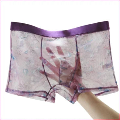 Sheer patterned women’s underwear with purple waistband in Stylish Sheer Men’s Boxer Shorts Lingerie