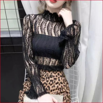 Stylish Women’s Lace Blouse paired with leopard print skirt for chic outfits