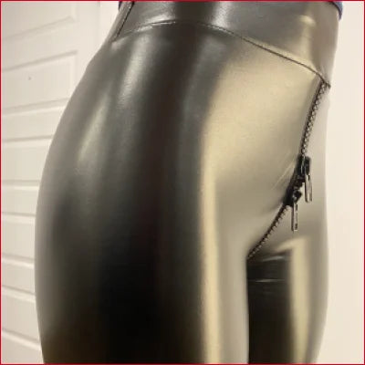 Shiny black latex pants featuring a zipper detail for Crotch Zipper White Leggings style