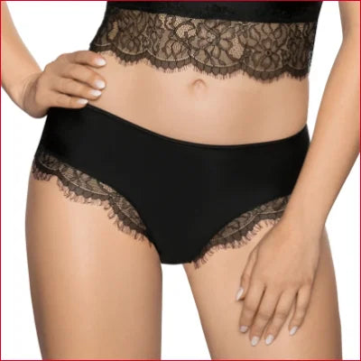 Black lace-trimmed boy short panty Erii by Roza Lingerie on a woman’s lower body