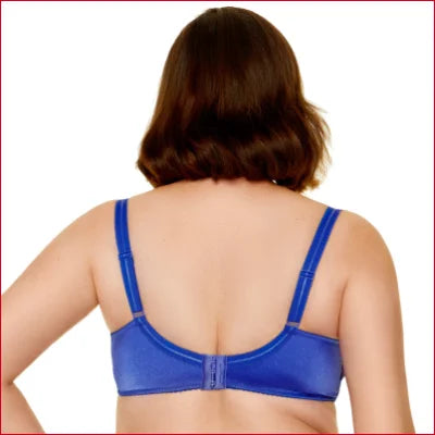 Blue Gorteks Lingerie Sheer Lace Balcony Bra showing back view with straps and clasp