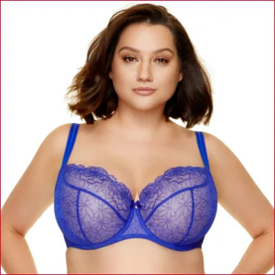 Bright blue Gorteks Lingerie Sheer Lace Balcony Bra with underwire support