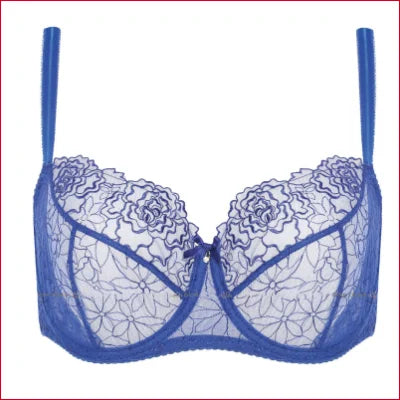 Gorteks Lingerie Sheer Lace Balcony Bra with Underwire and Sheer Cups in Blue