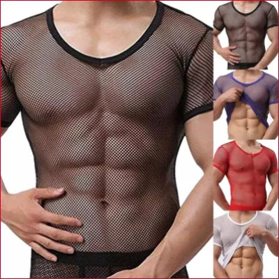 Masculine Sheer Mesh Top showcasing muscular torso and crotch zipper detail