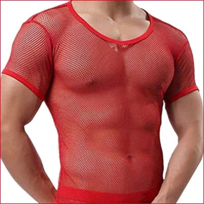 Red sheer mesh short-sleeved shirt on muscular torso for modern style and confidence