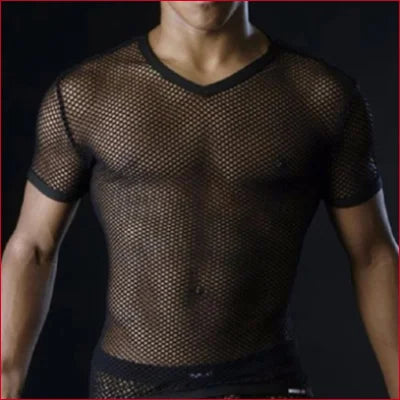 Masculine Sheer Mesh Top showcasing torso with crotch zipper for modern style