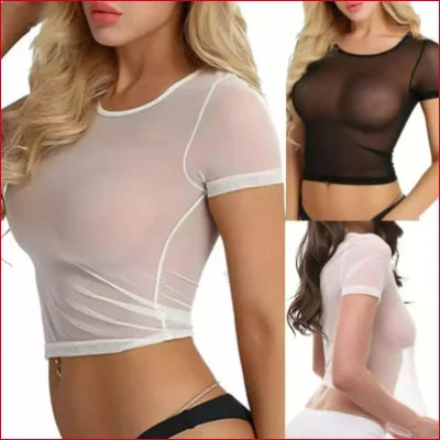 Sheer white and black women’s mesh crop tops in a stylish set for trendy outfits