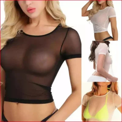 Black women’s mesh crop top with short sleeves from the Mesh Crop Top Set for Women