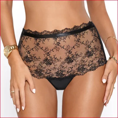 Sheer mesh high waist panty with floral embroidery and elegant lace design