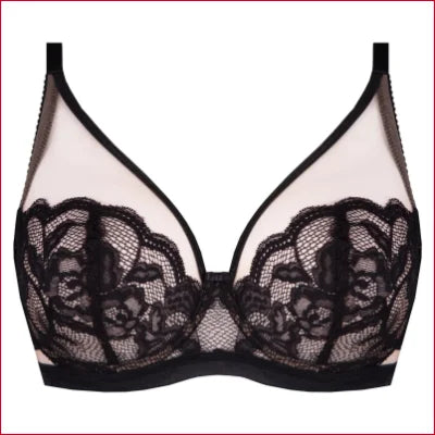 Black lace plunge bra with sheer mesh panels and floral embroidery in Soft Lace Plunge Bra Carmella