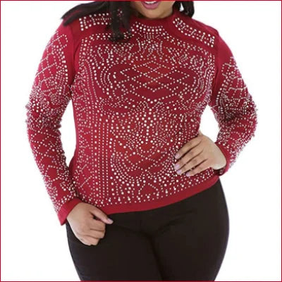 Sheer Mesh Studded Rhinestones Long Sleeves Womens Top