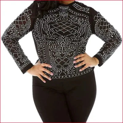 Sheer Mesh Studded Rhinestones Long Sleeves Womens Top