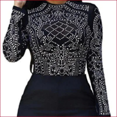 Sheer Mesh Studded Rhinestones Long Sleeves Womens Top