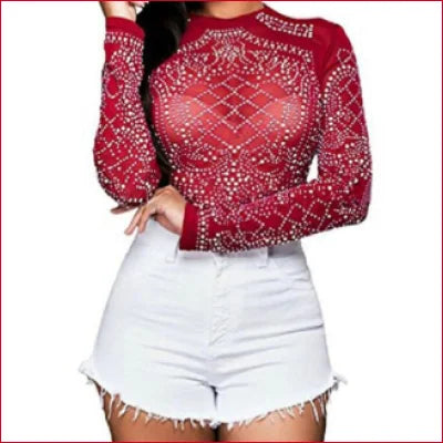 Sheer Mesh Studded Rhinestones Long Sleeves Womens Top