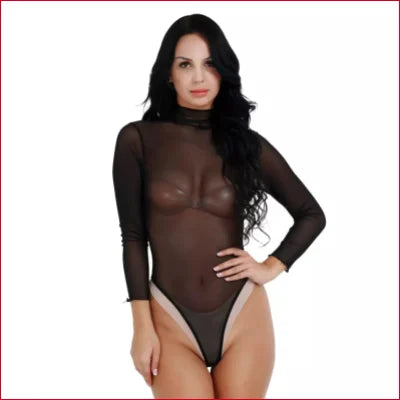 Sheer brown long-sleeved mesh thong bodysuit for a stunning hourglass look