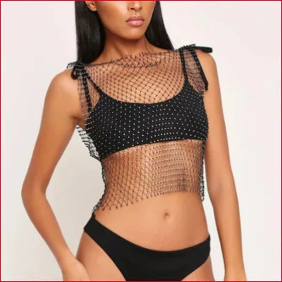 Sheer fishnet tank top with rhinestones, perfect for beachwear or wedding dress style