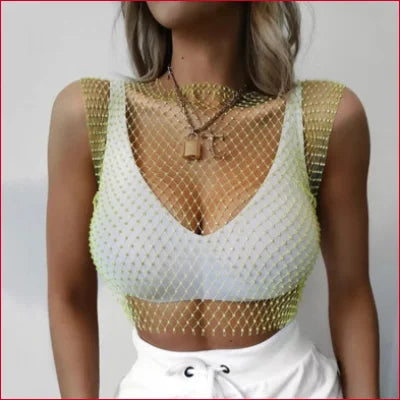 Cropped white mesh top with gold fishnet overlay for sheer fishnet fashion