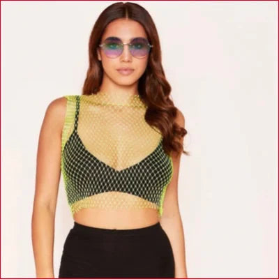 Neon green sheer fishnet crop top over yellow mesh, versatile for wedding dress styles