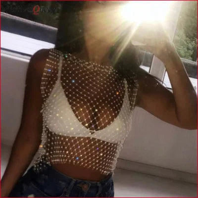 Sheer Fishnet Rhinestone Tank Top featuring sparkling beads for a stylish look