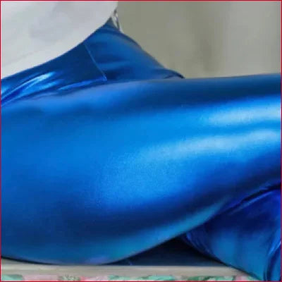 Shiny blue metallic fabric of Shiny Disco Pants Women’s for a Studio 54 look