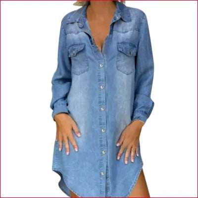 Boho Long Sleeve Jean Shirt Dress featuring long sleeves and button-front closure