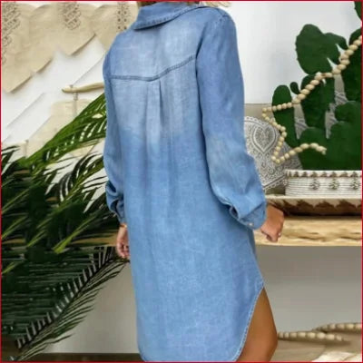 Light blue denim Boho Long Sleeve Jean Shirt Dress with side slit and long sleeves