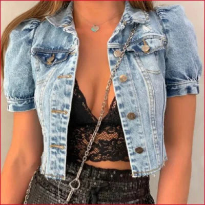 Short Puffed Sleeves Denim Jean Women Bolero Jacket Top