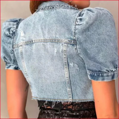 Short Puffed Sleeves Denim Jean Women Bolero Jacket Top