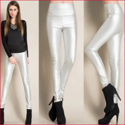 Shiny Silver High Waist Leather Leggings paired with stylish black ankle boots