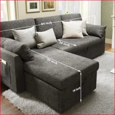 Gray sleeper sofa with storage chaise dimensions for versatile living room use