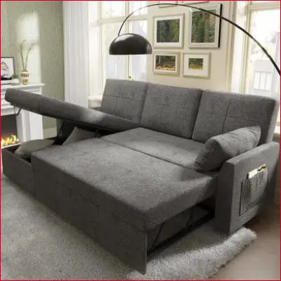 Gray Sleeper Sofa Bed with Storage Chaise in stylish Chenille for modern living rooms