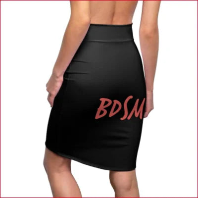 Black AOP pencil skirt with BDSM print in red letters on the back for stylish comfort