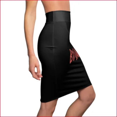 Black high-waisted AOP pencil skirt with a striking red design on the side