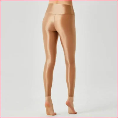 Shiny beige High Waist Spandex Leggings Lycra for Gym and Yoga Exercise on legs