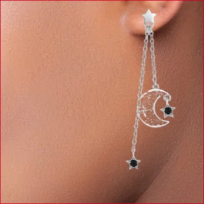 Sterling Silver Star Moon Dangle Stud Earrings with Zircon Drops on delicate chain